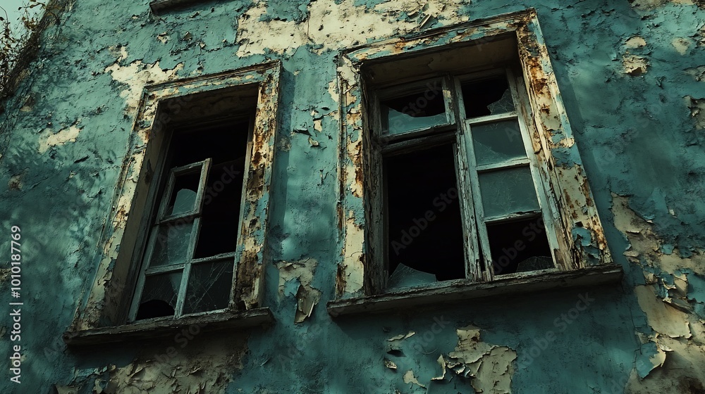 Two broken windows in an abandoned building with peeling blue paint. Two broken windows in an abandoned building with peeling blue paint.