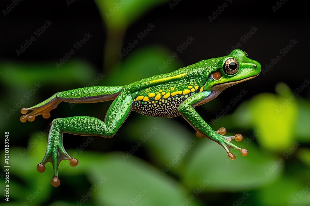 Fototapeta premium A vibrant green frog leaping through the air, with its legs fully extended and the rainforest canopy in the background.