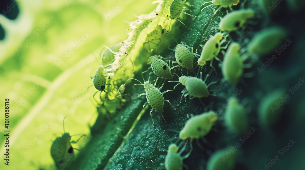 Fototapeta premium Close-Up of Green Insects on Leaf Surface