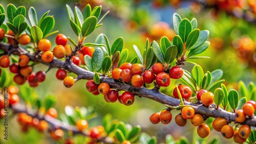 Extreme close-up of a Calafate tree branch with green leaves and small berries