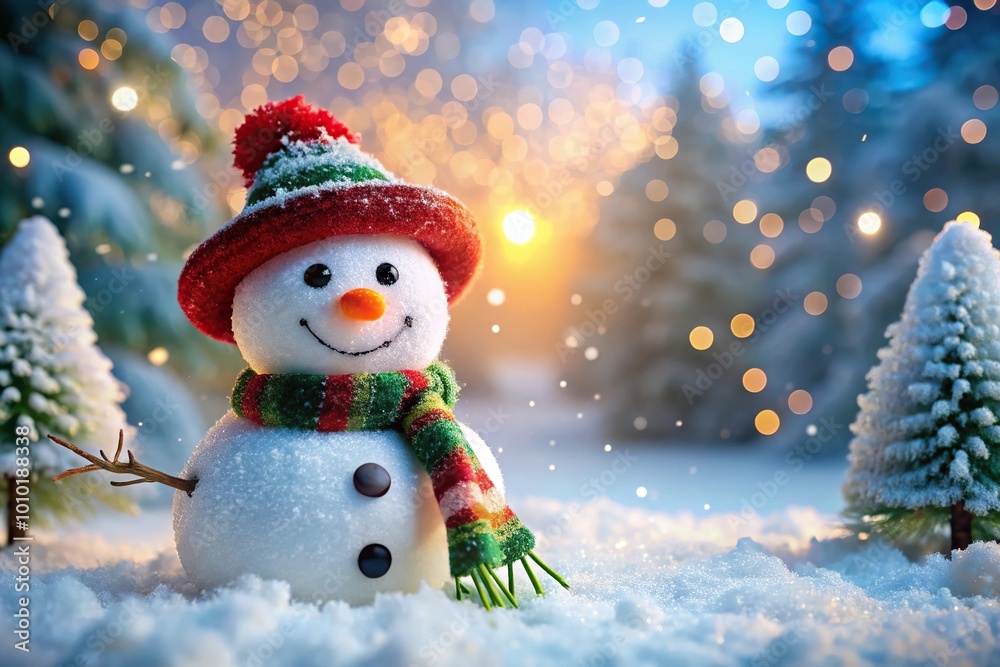 Extreme close-up of a cheerful snowman in a winter wonderland holiday scene Extreme close-up of a cheerful snowman in a winter wonderland holiday scene