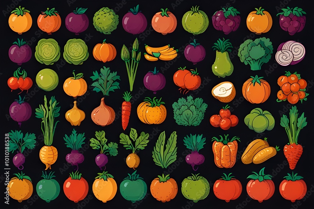 hand-drawn vector icons - vegetables and fruits Generative AI