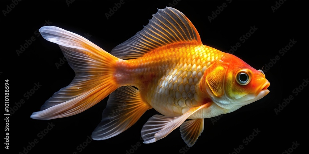 Extreme close-up of a Comet goldfish swimming in aquarium with black background Extreme close-up of a Comet goldfish swimming in aquarium with black background