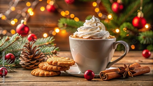 Extreme close-up of a cup of coffee with whipped cream, cookies, and Christmas decoration