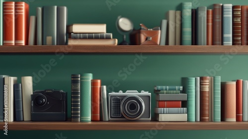 Books and vintage cameras displayed on wooden shelves against a green wall. photo