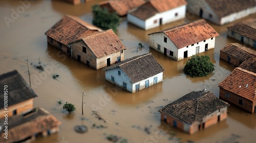 Aerial view of flooded houses surrounded by water and greenery. photo