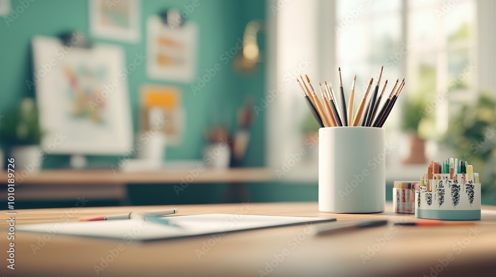 Art supplies on a desk with a calming green background, perfect for creativity. Art supplies on a desk with a calming green background, perfect for creativity.