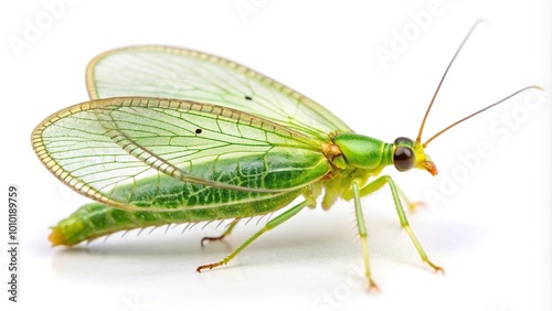 Extreme close-up of a green lacewing Chrysopidae insect isolated on white background photo