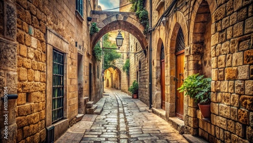 Extreme close-up of a Jewish Jerusalem ancient alley in the historic quarter with vintage color tones