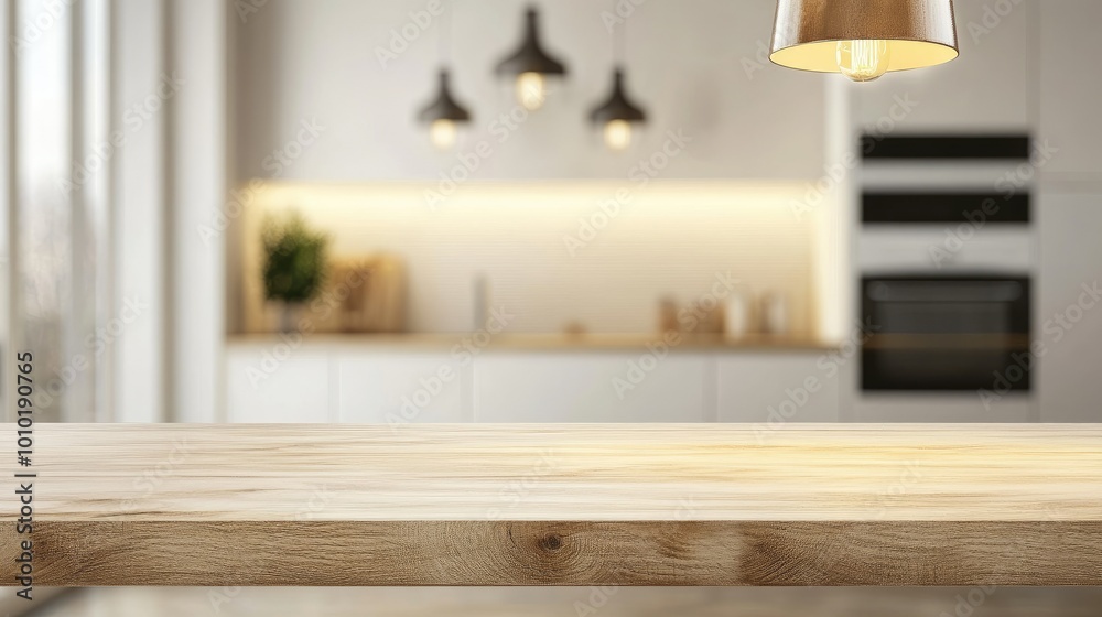Wooden light empty table top in modern white kitchen, kitchen panel in interior Wooden light empty table top in modern white kitchen, kitchen panel in interior