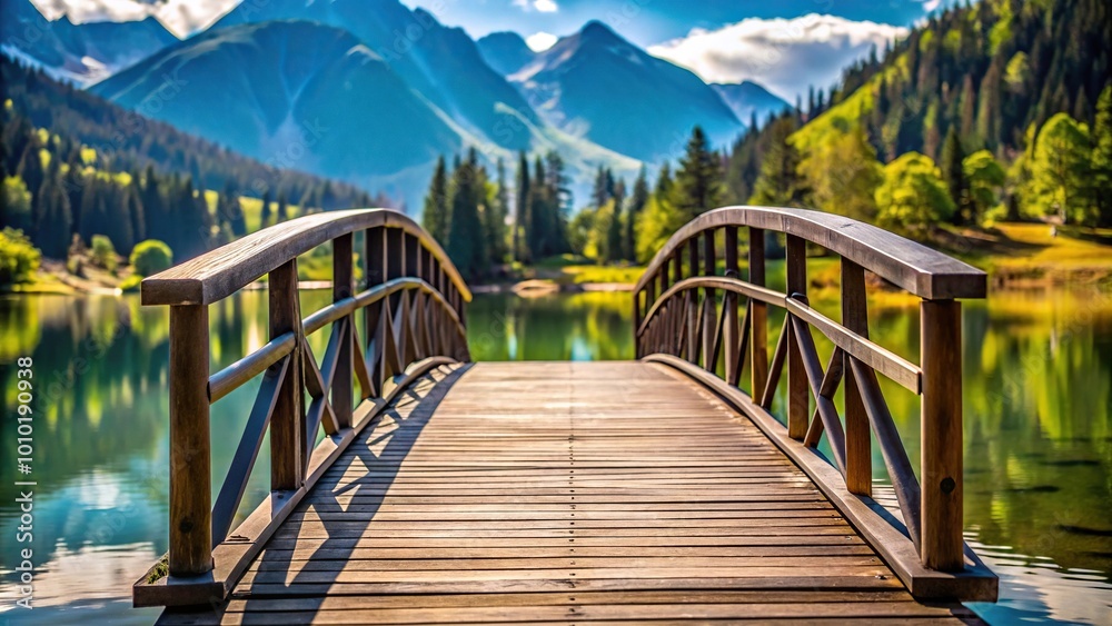 Obraz premium Extreme close-up of a picturesque mountain lake with a small bridge