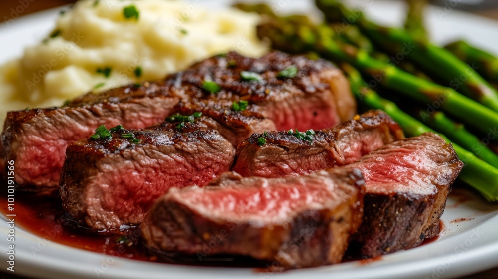 Succulent Steak with Mashed Potatoes and Asparagus Succulent Steak with Mashed Potatoes and Asparagus