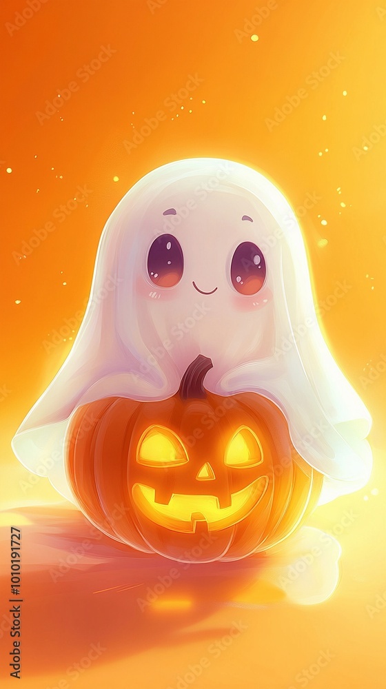 Adorable cute cartoon baby ghost with pumpkin Adorable cute cartoon baby ghost with pumpkin
