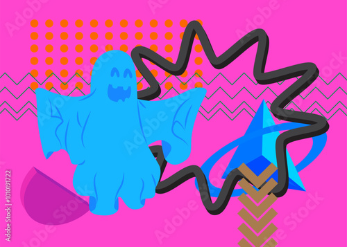 Ghost with geometrical graphic retro theme background. Minimal geometric elements. Vintage abstract shapes, Halloween vector illustration.