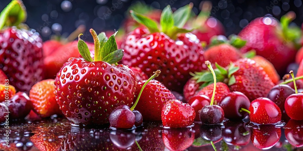 A vibrant collection of ripe, juicy strawberries and cherries, glistening with moisture, creating a symphony of red hues. A vibrant collection of ripe, juicy strawberries and cherries, glistening with moisture, creating a symphony of red hues.