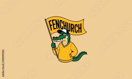 Cartoon alligator holding a green flag and wearing a cap.