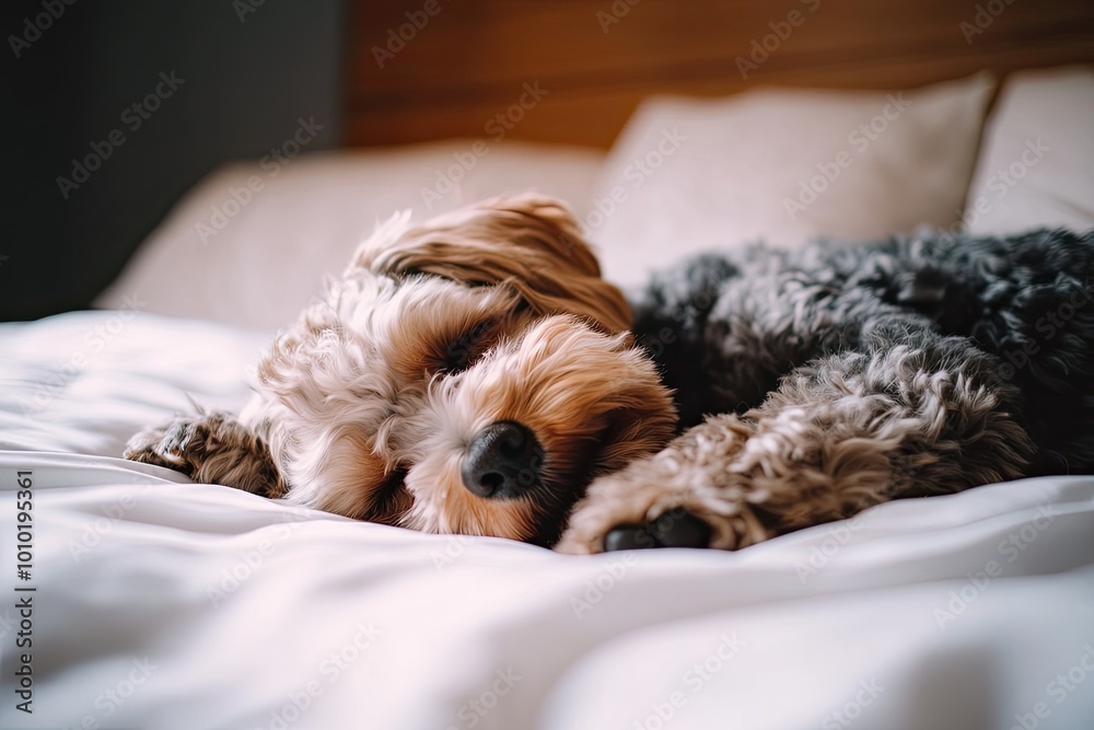 Happy Dog Relaxing on Bed with White Sheets in Cozy Setting Happy Dog Relaxing on Bed with White Sheets in Cozy Setting