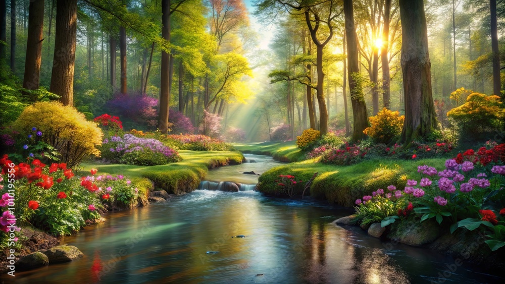 Fototapeta premium A Tranquil Stream Meanders Through a Lush Forest Bathed in the Golden Light of Dawn, Creating a Serene and Enchanting Landscape