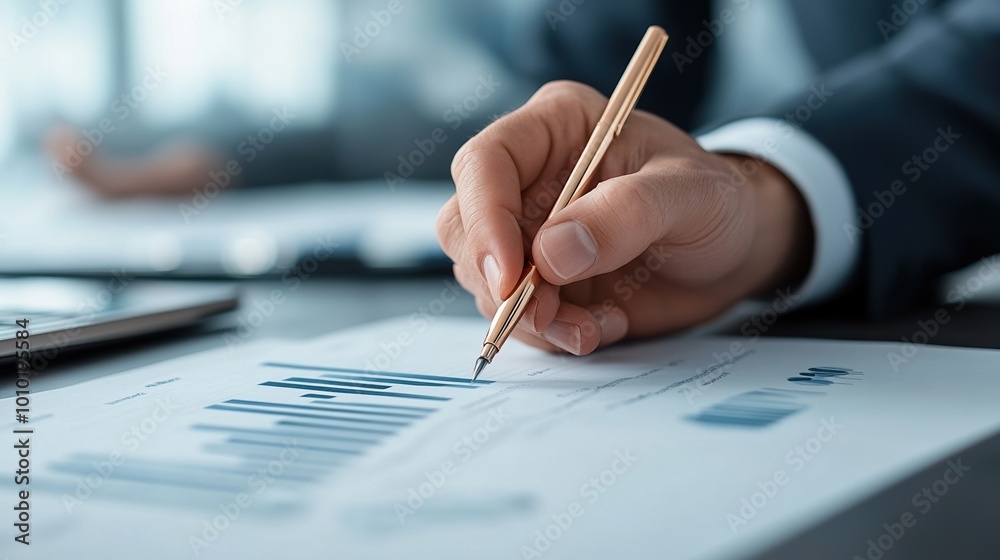 Close-up of a hand analyzing financial graphs and charts using a pen. Close-up of a hand analyzing financial graphs and charts using a pen.