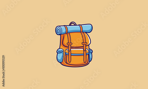 Orange hiking backpack with rolled mat on top.