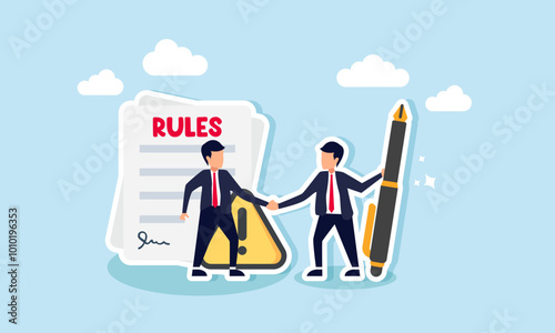 A businessman hold a pen shakes hands with another over a rules document marked with a warning sign, illustration of an agreement on mutually accepted business collaboration rules