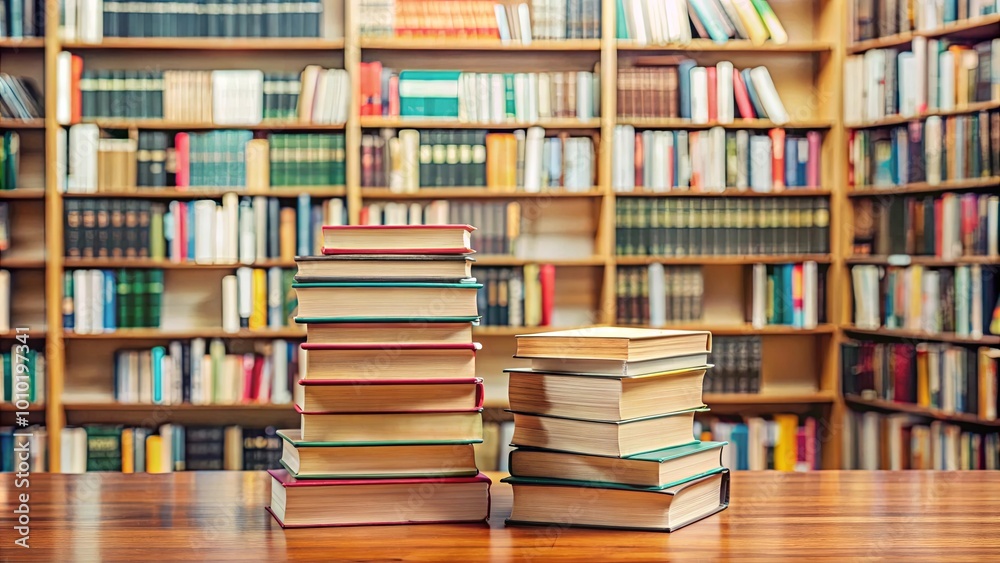 Two Stacks of Books Resting on a Wooden Table in a Library Setting Two Stacks of Books Resting on a Wooden Table in a Library Setting
