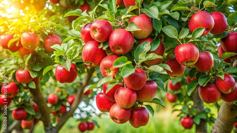 A bountiful orchard scene, showcasing a vibrant canopy of green foliage laden with plump, ripe red apples, bathed in the warm glow of the sun, creating a picturesque image of nature's abundance.