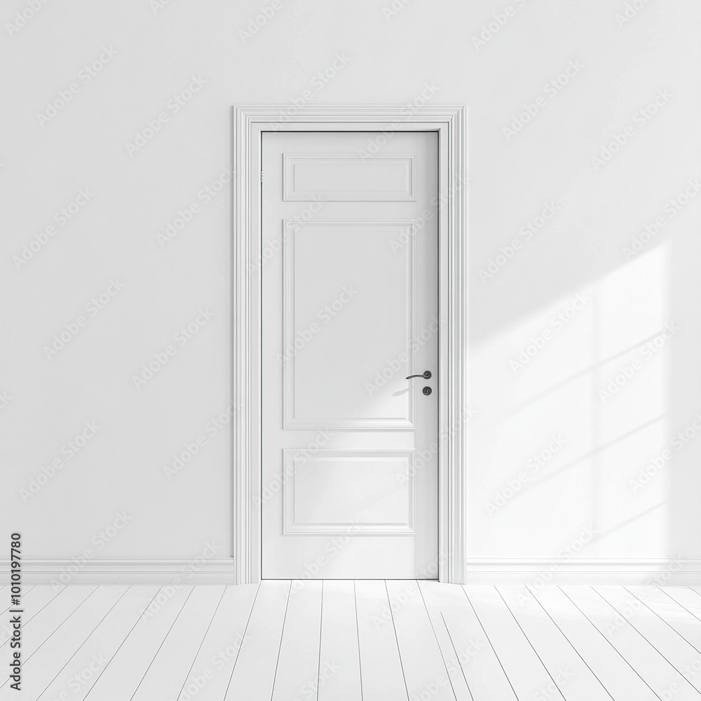 Minimalist, a white door stands in the middle of an all-white wall Minimalist, a white door stands in the middle of an all-white wall