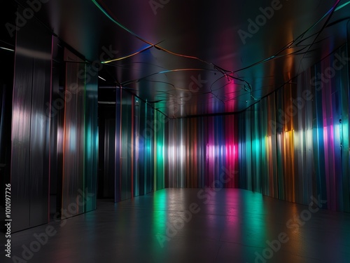 a tunnel with rows of seats and a purple and black background.