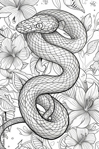 Single snake, easy and simple coloring pages for adults, line art coloring page, 