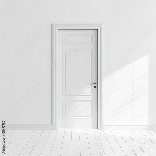 Minimalist  a white door stands in the middle of an all-white wall