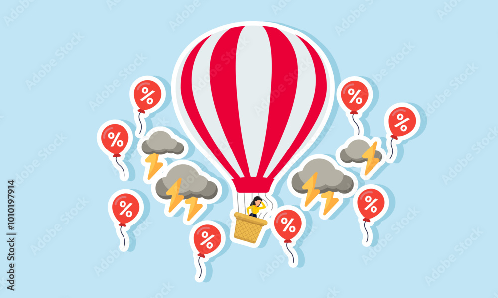 A businessman in a air balloon with a broken rope, caught in a storm of discount balloons, illustration of the unhealthy price competition from discount wars among business competitors. A businessman in a air balloon with a broken rope, caught in a storm of discount balloons, illustration of the unhealthy price competition from discount wars among business competitors.