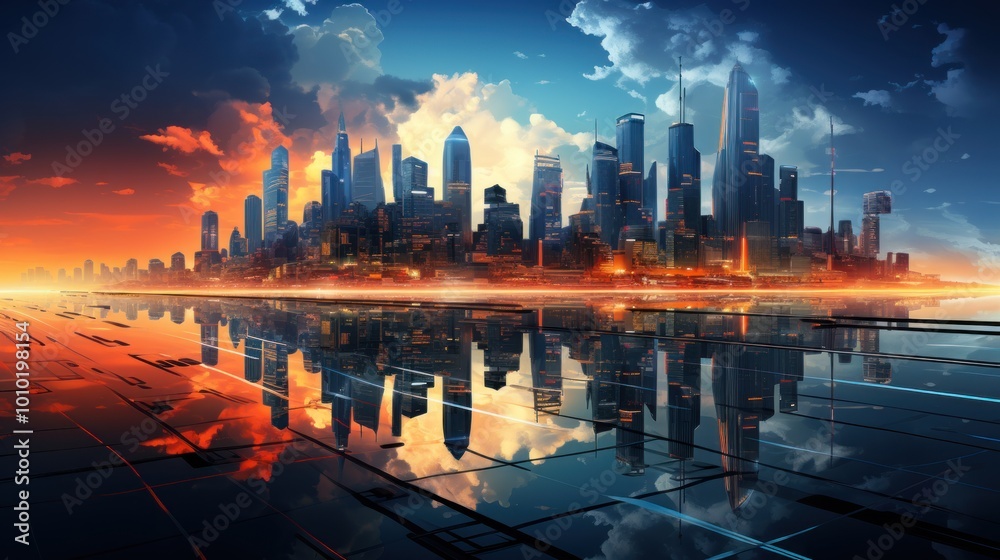 Fototapeta premium Futuristic Cityscape with Reflective Water