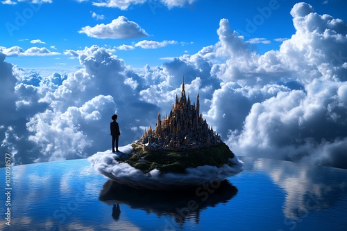 A young leader standing on a floating island, gazing at a magical city in the sky, symbolizing the boundless possibilities and vision of tomorrowâ€™s leaders in a fantastical world photo