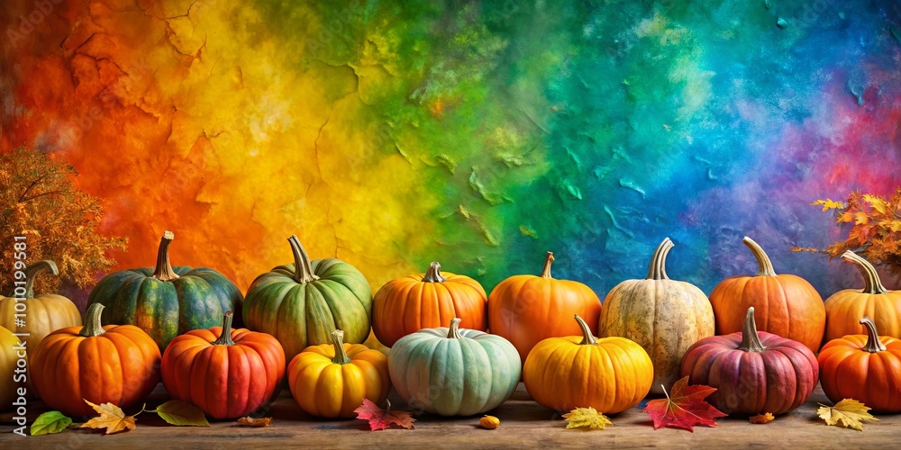 A colorful autumnal display with a variety of pumpkins arranged on a rustic wooden surface, set against a vibrant backdrop of textured hues A colorful autumnal display with a variety of pumpkins arranged on a rustic wooden surface, set against a vibrant backdrop of textured hues