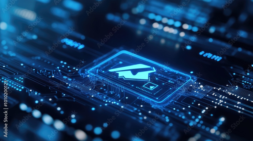 Blue Digital Graduation Cap Icon on Circuit Board Blue Digital Graduation Cap Icon on Circuit Board