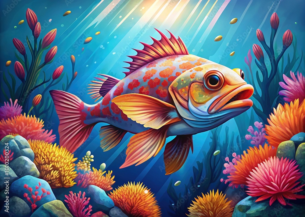 A colorful, stylized illustration of a rockfish swimming amidst vibrant coral and seaweed, set against a gradient blue ocean background with bold graphic elements. A colorful, stylized illustration of a rockfish swimming amidst vibrant coral and seaweed, set against a gradient blue ocean background with bold graphic elements.