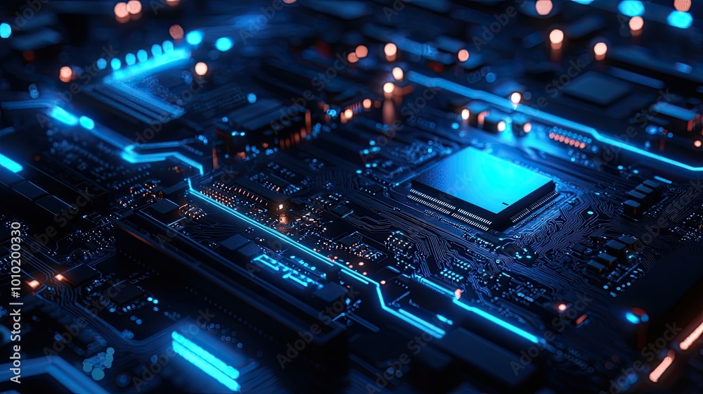 Close-up of a Circuit Board with a Blue-lit Processor Close-up of a Circuit Board with a Blue-lit Processor
