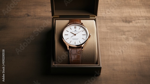 Elegant wristwatch in a luxury box on a wooden surface. photo