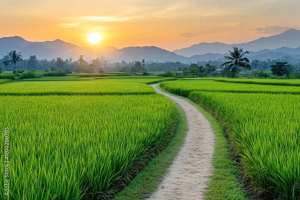 A winding path through a lush green rice paddy field leads to a distant sunset over the mountains. A winding path through a lush green rice paddy field leads to a distant sunset over the mountains.