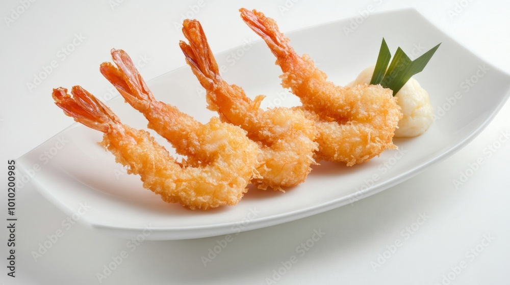 Crispy Shrimp with Dipping Sauce on White Plate Crispy Shrimp with Dipping Sauce on White Plate