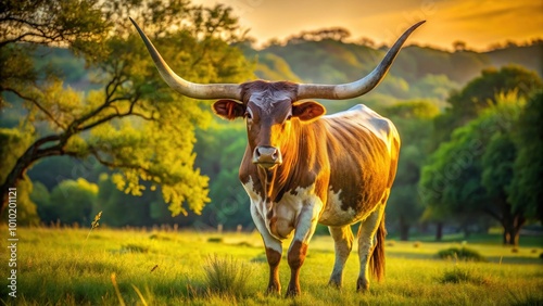 A majestic Texas Longhorn cattle bull stands proudly in a green pasture, its distinctive horns and rustic coat glistening in the warm sunlight. photo