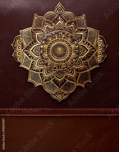 Ornate gold mandala on brown leather