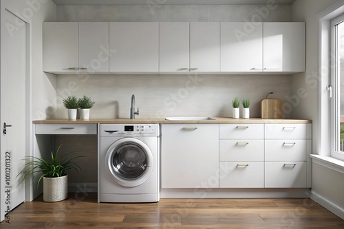 A modern white laundry cabinet with soft-close drawers and a sleek handle design, set against a clean and minimalist background, exuding simplicity and functionality. photo