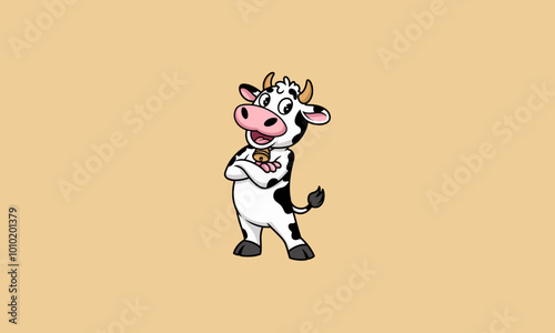 Happy cartoon cow with folded arms on beige background.