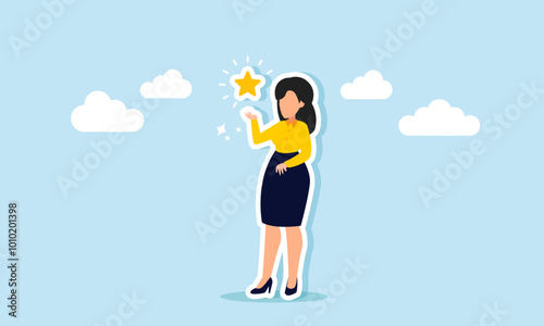A businesswoman displays a shining star, illustration of a high business rating or a company with quality products or management