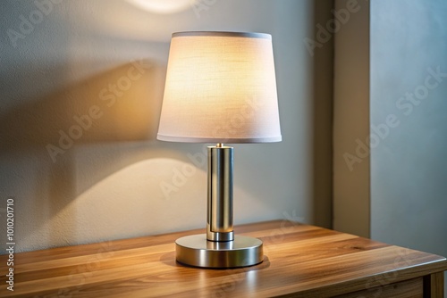 A small, modern table lamp with a sleek metal base and white shade stands inert on a minimalist wooden side table, its light switched off.