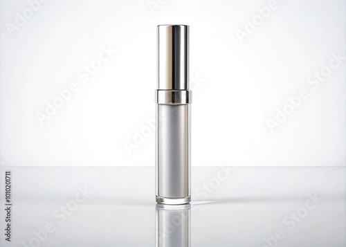 A solitary, cylindrical, transparent lip gloss container with a silver cap and applicator stands upright on a clean, white, reflective background. photo