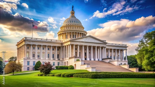 A stately, columned building stands alone in a tranquil landscape, symbolizing the democratic institution of the nation's legislative branch in a peaceful atmosphere.