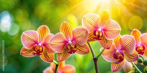 A vibrant, rare Orchid species with delicate, wavy petals in shades of pink, yellow, and orange, set against a soft, blurred green background.